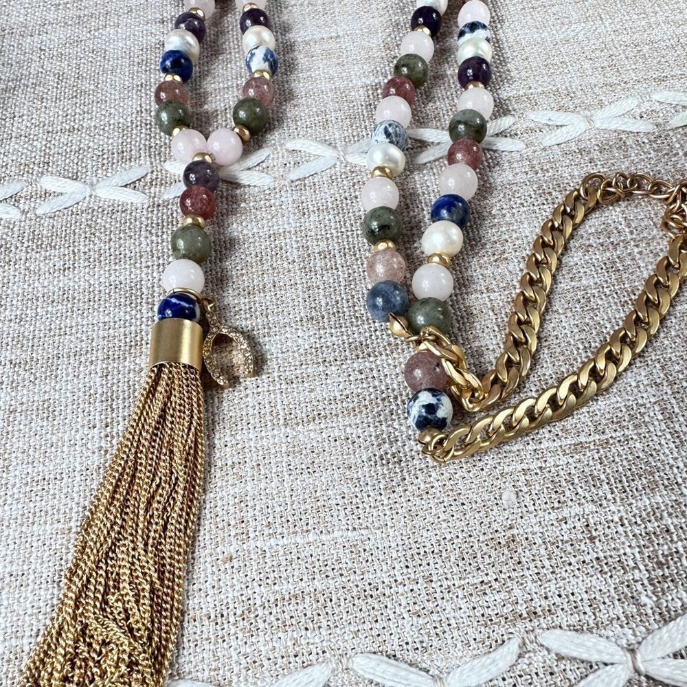 White House Black Market Multi Glass Stone Necklace with Gold Tassel